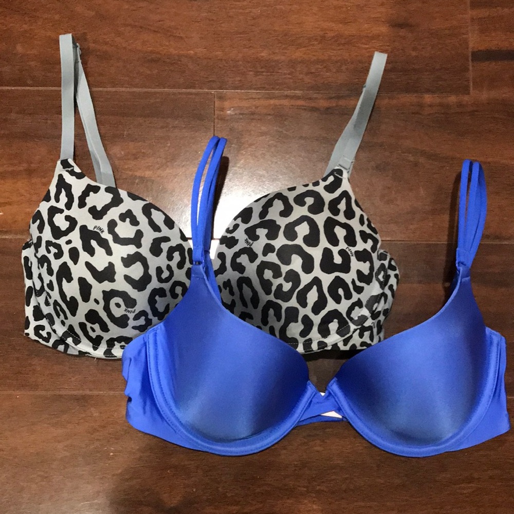 Two 34C VS bras - leopard push up, blue demi